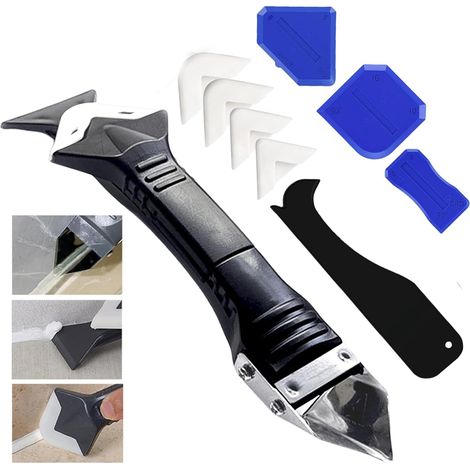 outil de retrait de mastic en silicone 3 en 1 avec 4 tampons en silicone–Grattoir acier inoxydable,finition et dissolvant pour salle de bain,cuisine (1/5)