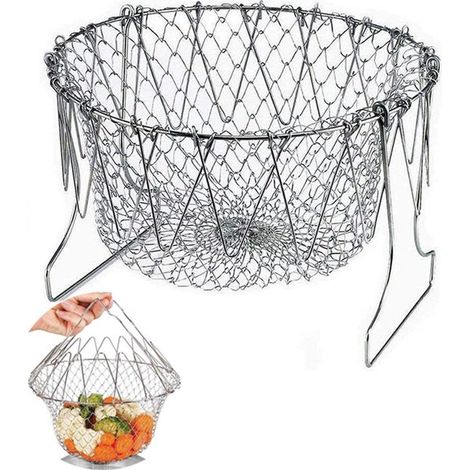 Cesta coladora plegable, Cesta para freír, Acero inoxidable, Cesta vaporera, Cesta coladora, lavar frutas y verduras, Plateado (1/5)
