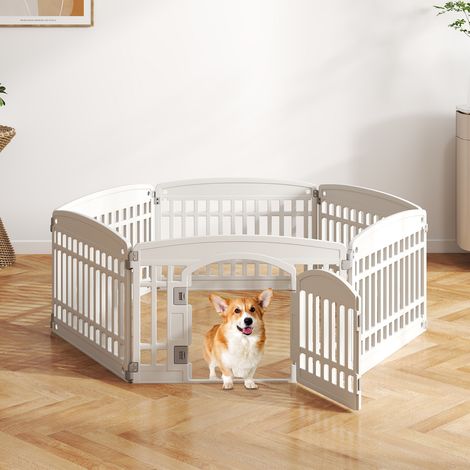 Parc à animaux 6 panneaux plastique blanc hauteur 61 cm en HDPE, enclos modulable avec porte verrouillable pour usage intérieur et extérieur (1/5)