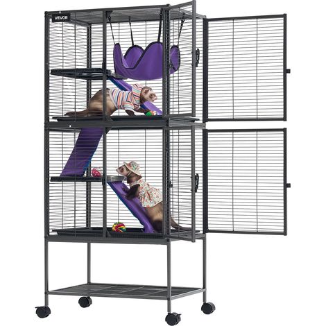 Cage pour Petits Animaux en Métal 138 cm, Cage pour Furets à 4 Niveaux avec Roulettes, pour Furet, Chinchilla, Cochon d'Inde et Lapin, Barreaux Espacés 13,97 mm, Hamac, Rampes, Plateau et Portes (1/5)