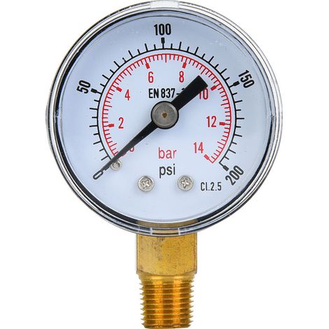 Manomètre mécanique 1/8 BSPT raccord inférieur pour air, huile, eau, pression 0-200 psi / 0-14 bar (1/5)