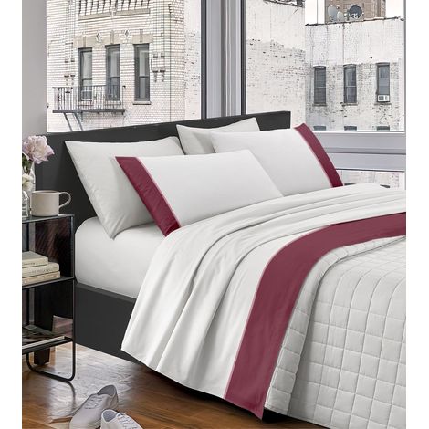 Completo Letto Lenzuola In Cotone Percalle Matrimoniale Lenzuolo Sotto Sopra Federe Con Balza A Contrasto Tinta Unita Elegante Due Piazze Misure Maxi Rosa (1/4)
