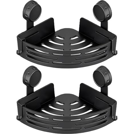 Dreieckiges Duschregal mit Saugnapfbefestigung, kein Bohren erforderlich, mit Handtuchhalter, Haken und Abflusslöchern (schwarz, 2 Regalböden) (1/5)