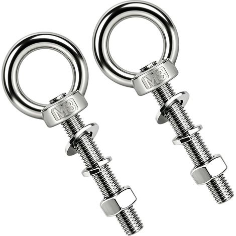 Lot de 2 Vis à Œil M8 x 80 mm Inox 316, Boulon M8 avec Écrous (1/5)