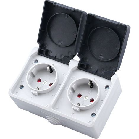 Prise double pour montage en saillie, adaptée aux pièces humides, avec couvercle rabattable et protection contre les contacts directs, prise avec contact de terre 16 A / 250 V / IP44, prise pour monta (1/3)
