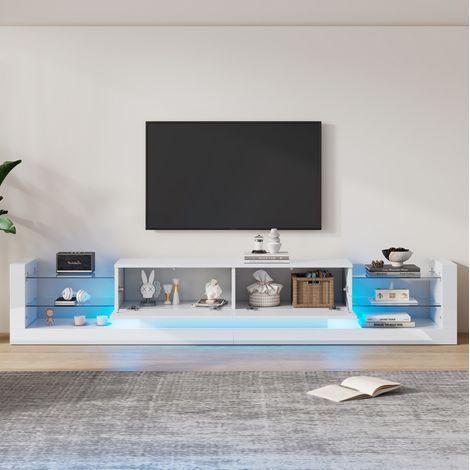 Mueble para TV de tablero de partículas blanco 181 x 38 x 38 cm, alto brillo, frente de vidrio, LED y 2 cajones abatibles (1/5)