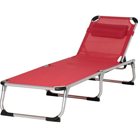 Transat pliable, chaise longue de jardin avec appui-tête, chaise longue avec dossier réglable 4 positions, chaise longue de camping, charge maximale 120 kg, pour parcs et jardins, rouge
