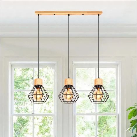 3lampes Lustres Intérieur Industrielle E27 Lampe Suspension Vintage Abat-jour Design Cage en Bois Métal pour Salon Chambre (1/5)