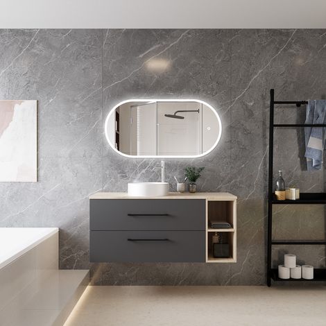 Ocean Ensemble Meuble Salle de Bain 120X46X52cm, Lavabo + miroir led ovale, Suspendu
