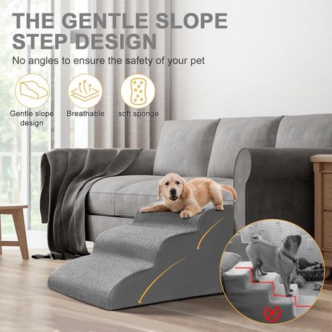 Escalier pour Chien à 3 Marches - Escaliers pour Animaux en Éponge pour Canapé et Lit - Rampe pour Chien Chat avec Housse en Tissu Amovible et Lavable - Envoyer Rouleau Poils Animaux - Gris (1/5)