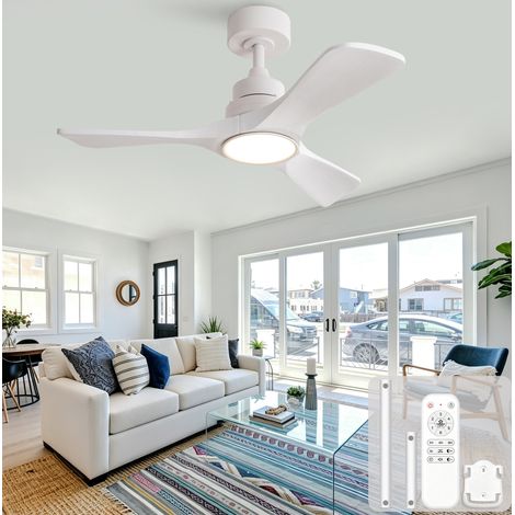 Ventilatore da soffitto 36 pollici bianco con illuminazione LED, telecomando, 6 velocità, reversibile, metallo e legno nero (1/5)