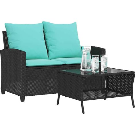 Canapé de jardin 2 places coussins et table noir résine tressée - vidaXL (1/5)