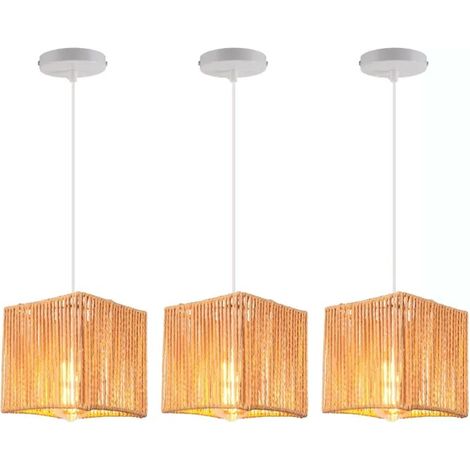 3x Lustre Suspension Luminaire Vintage,Lampe de Plafond en Rotin et Métal Abat-jour Design Carré Lampe Rétro pour Salon Café (1/5)