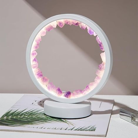 Veilleuse ronde en cristal naturel - Lampe annulaire en cristal énergétique pour l'équilibre spirituel, lumière apaisante pour la relaxation et le sommeil, lampe de chevet USB (améthyste violette)