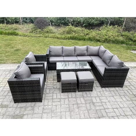 Fimous 10 Seater Rattan Corner Sofa Lounge Sofa Set With Rectangular Coffee Table 2 Stool Dark Grey Mixed Right Hand (1/5)
