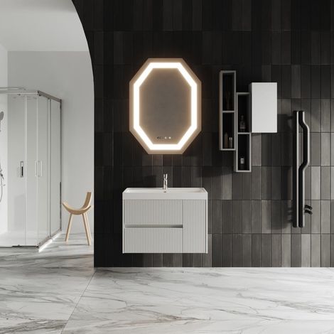 Mobiliario De Baño Colgado 80Cm Cannettato Blanco Con Espejo Led  Cortina (1/5)