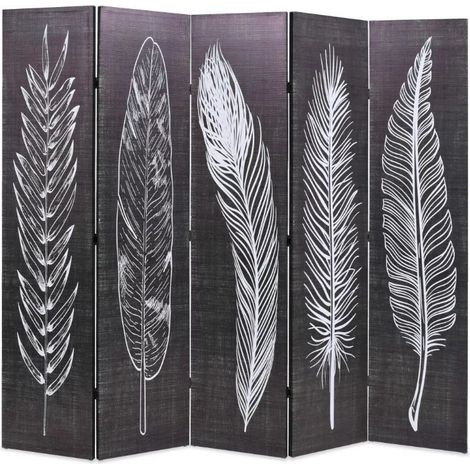 Paravent décoratif imprimé 5 volets bois et tissu noir et blanc Kokko (1/5)