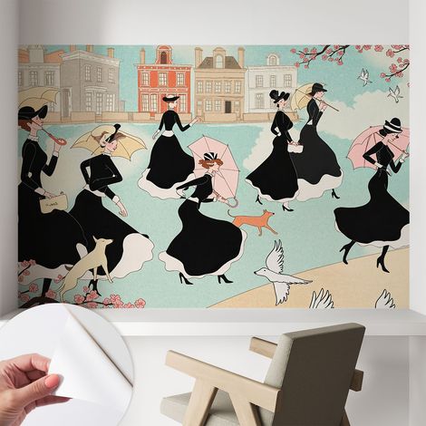 Papier peint autocollant adhésif avec imprimé installation simple qualité excellente sans désordre Femmes en promenade 104x70 cm (1/5)