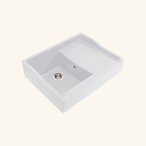 Kümbad – Évier timbre d'office granit blanc grisé mat 89,3x60,8 cm – 1 bac avec égouttoir à droite – Vidage automatique inclus (1/5)