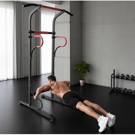 Power Tower réglable avec barre de traction, station de dips en acier, noir et rouge OKMYHOME (1/5)