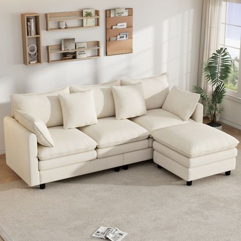 Canapé d'angle en forme de L avec 4 coussins décoratifs et 3 dossiers, canapé 3 places avec méridienne, canapé moderne pour salon et bureau, support jusqu'à 120 kg, canapé de salon 212×150×90 cm, beig (1/5)