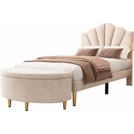 GagaLit rembourré en velours 90 x 200 cm, tête de lit réglable, avec banc de rangement, beige (1/5)