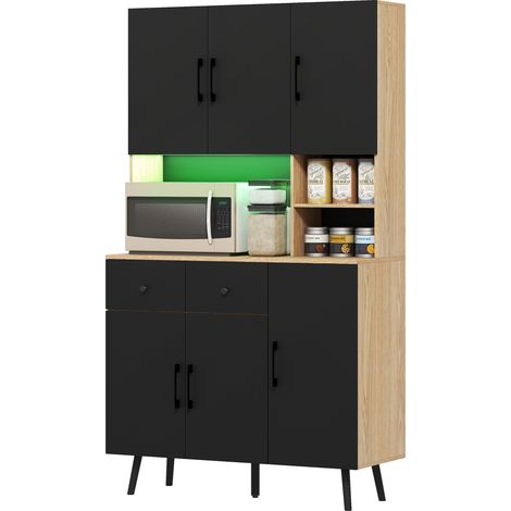 RGB-LED-Küchensideboard mit 6 Türen und 2 Schubladen, 100 x 40 x 176 cm, schwarz