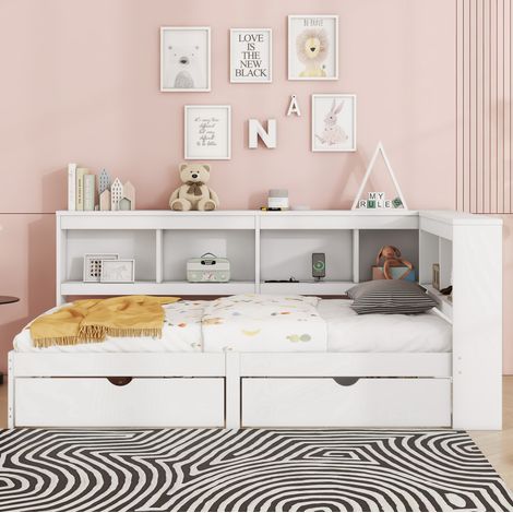 Lit banquette moderne 90x200 cm en panneaux de particules et MDF blanc avec 2 tiroirs, rangements latéraux, prise et 2 USB (1/5)