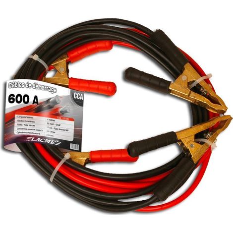 Lacme – Câble de démarrage 600A 4m – 35 mm² CCA – Pinces bronze 17 cm – Pour véhicules essence < 4,5L et diesel < 3L