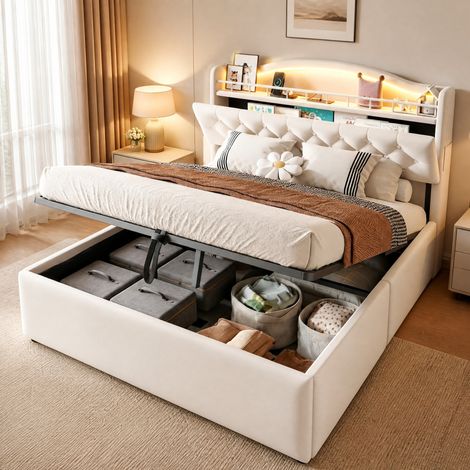 Cama tapizada 140/200 cm beige con arcón hidráulico, LED, USB y USB-C (1/5)