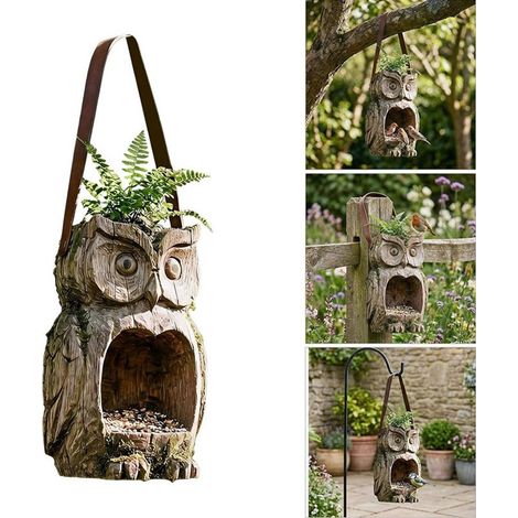Resin Bird Feeder, Owl Shape Hanging Bird Feeder for Outside Funny Birds Feeders (1/5)