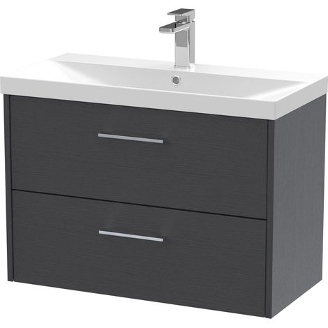 Winshill Contemporary 2 Drawer Wall Hung Vanity Unit with Thin Edge Basin, Woodgrain Dark Grey, 800mm