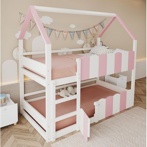 Kinder-Hochbett 90x200 cm Hausdesign rosa mit Leiter (1/5)