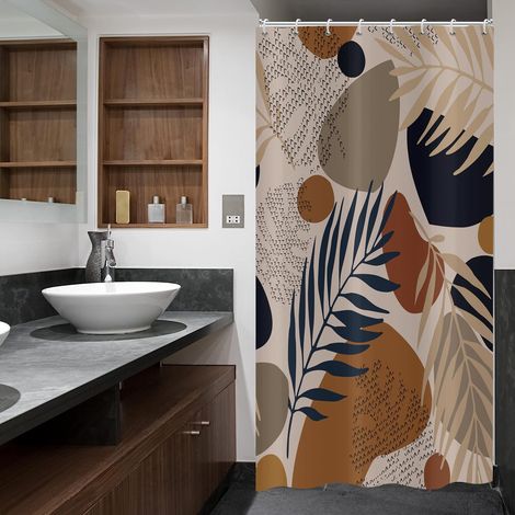 Rideau de Douche Feuilles Abstraites Mince 120x180 cm, Boho du Milieu du Siècle Palmier Marron Minimaliste Petits Lavables en Textile Rideau Douche imperméable pour Baignoire avec 8 Crochets (1/5)