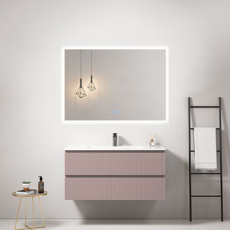 Mobile bagno sospeso cannettato 100 cm Rosa Retro Lavabo in Ceramica Specchio Quadro Retroilluminato - Fiji Paint