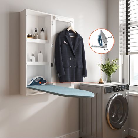 Meuble de repassage mural avec planche intégrée, miroir et rangement, MDF blanc DESVIAE