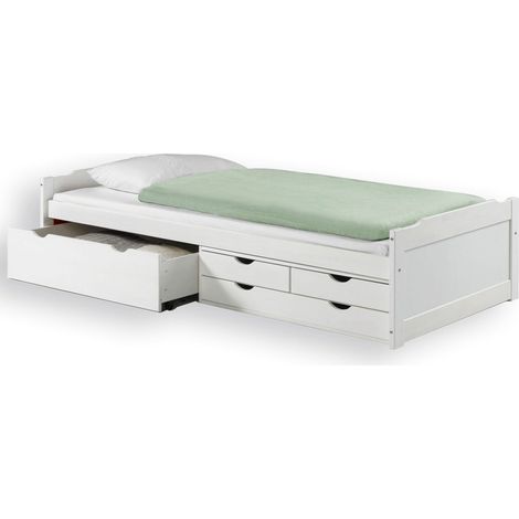 Idimex – Lit fonctionnel avec tiroirs 90x200 cm – Cadre en pin massif lasuré blanc – 1 grand tiroir et 3 petits tiroirs de rangement (1/4)