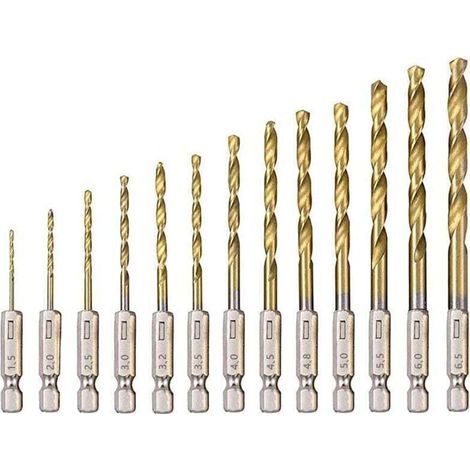 Foret Hélicoïdal en HSS 13Pcs Forets Hexagonaux en Acier Rapide avec Revêtement en Titane 1,5 Mm - 6,5 Mm pour Perçage du Bois/Métal/Plastique (1/4)