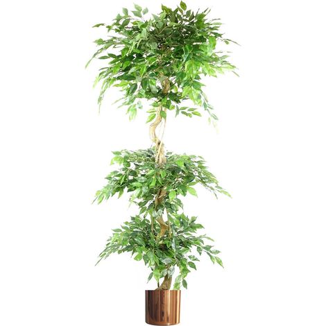 180cm Artificial Twisted Trunk Fruticosa Ficus Tree Triple Ball Topiary 1984 Leaves Copper Metal Planter (1/5)