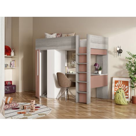 Letto a soppalco + materasso con armadio e scrivania 90 x 200 cm Rosa e Bianco - NICOLAS (1/4)