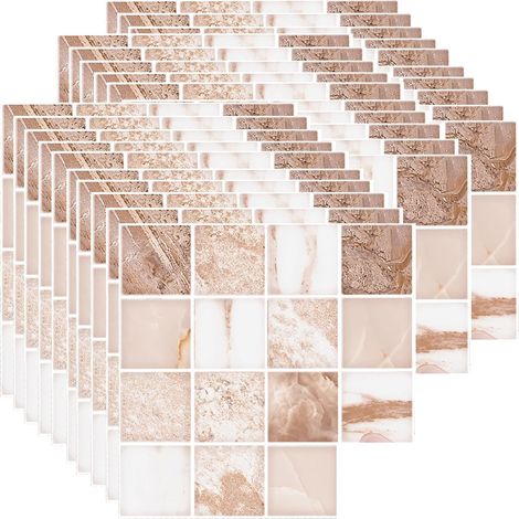 30 Pièces 10x10cm Mosaïque Stickers Carrelage, Imperméables Crédence Cuisine Autocollant Carreau, Auto-Adhésif Autocollant Mural pour Cuisine Salle de Bains Bureau (Marron Clair) (1/5)