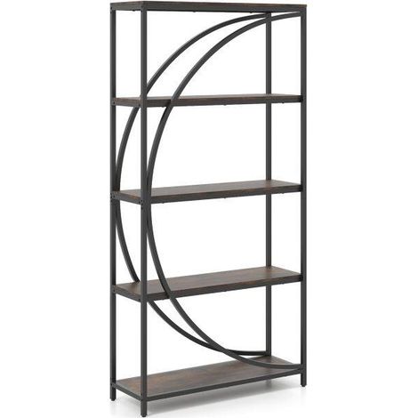 5-Tier Industrial Etagere Bookshelf with Open Storage Shelves and Arc-Shaped Design-Rustic Brown (1/5)