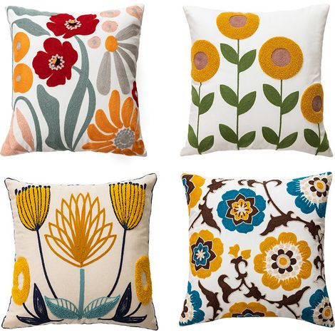 Lot de 2 taies d'oreiller décoratives brodées 45 x 45 cm, housses florales champêtres pour salon, canapé lit (motif fleur romantique) (1/5)