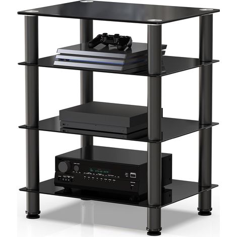Meuble HiFi, 4 Niveaux, en Verre Trempé Noir, 60 × 46 × 77 cm (1/5)