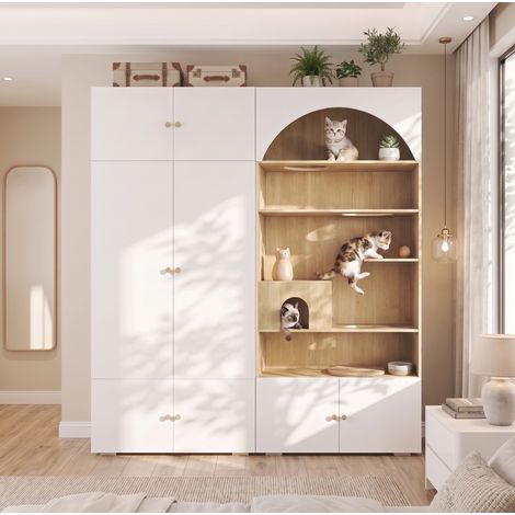 Armadio guardaroba 180x50x200 cm, con mobile per animali e parete per gatti, pannello truciolare bianco effetto legno (1/5)