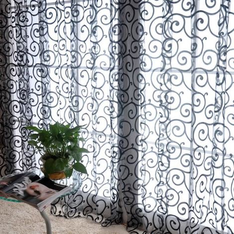 Rideau Voilages à OEillet Flocage Motif Crochet Décoration Chambre Salon 100270cm Noir (1/4)
