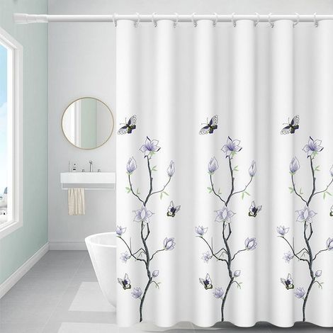 Rideau de douche hydrofuge anti-moisissure en polyester lavable avec crochets Motif fleurs et papillons Ourlet lesté 180 x 200 cm (1/5)