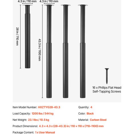 VEVOR Adjustable Table Legs, 28-43.3 in Steel Furniture Legs, 1200 lbs Max Load Heavy Duty, Quick Installation, Ideal for Home Office Desk DIY, Coffee Dinner Bar Tables, Workbenches, Set of 4, Black (1/4)
