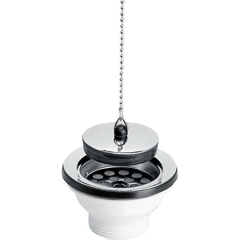 Nicoll – Bonde évier PVC grès/synthèse Ø84 avec grille inox – Bouchon et chaînette – Percage 60mm