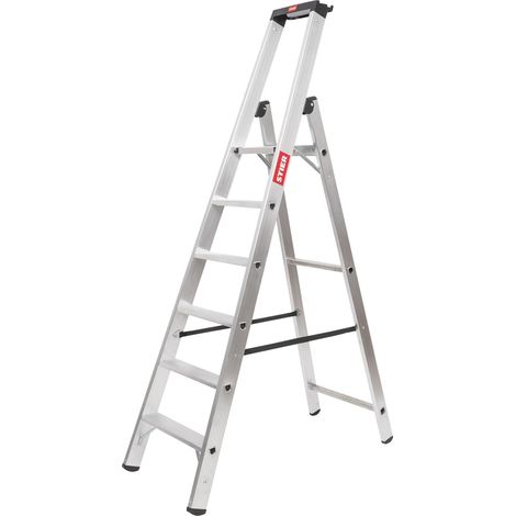 STIER Stufen Stehleiter Premium 6 Stufen einseitig begehbar, Alu-Sicherheits-Stehleiter, Mehrzweckleiter, Klappleiter, Haltefläche, Arbeitsleiter rutschfest (1/5)
